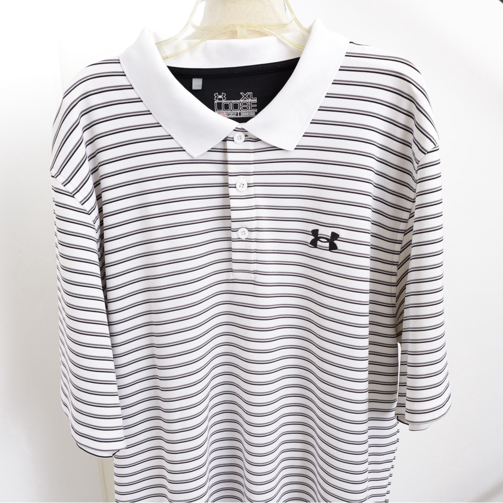 Under Armour heat gear loose fit polo style stripe shirt white, gray, & black XL - Picture 10 of 12